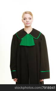 Law court or justice concept. Portrait young woman lawyer attorney wearing polish Poland black green gown on white