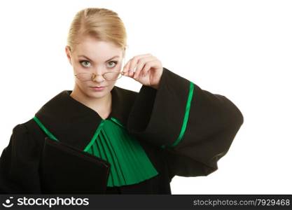 Law court or justice concept. Portrait young woman lawyer attorney wearing polish Poland black green gown on white