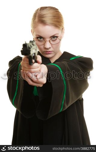 Law court or justice concept. Woman barrister lawyer wearing classic polish black green gown with weapon gun isolated on white. Crime