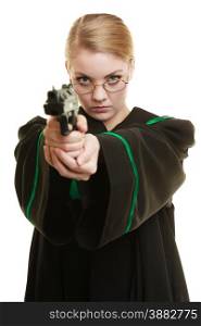 Law court or justice concept. Woman barrister lawyer wearing classic polish black green gown with weapon gun isolated on white. Crime