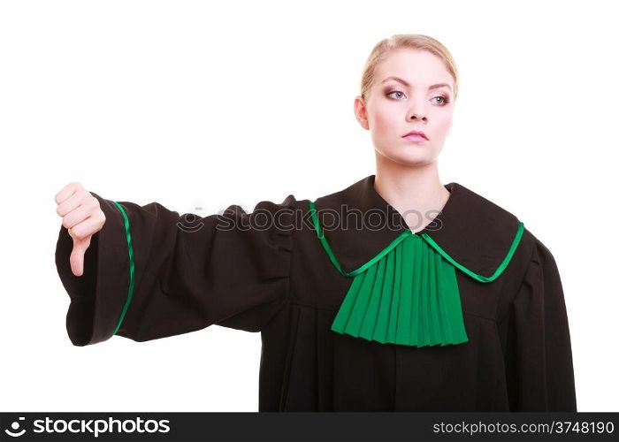 Law court or justice concept. Woman female person lawyer attorney wearing classic polish (Poland) black green gown, making thumb down hand sign dislike gesture isolated on white background