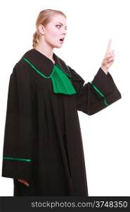 Law court or justice concept. Woman female person lawyer attorney wearing classic polish (Poland) black green gown, wagging her finger girl scolding isolated on white background
