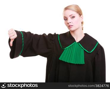 Law court or justice concept. Woman female person lawyer attorney wearing classic polish (Poland) black green gown, making thumb down hand sign dislike gesture isolated on white background