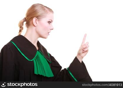 Law court or justice concept. Woman female person lawyer attorney wearing classic polish (Poland) black green gown, wagging her finger girl scolding isolated on white background