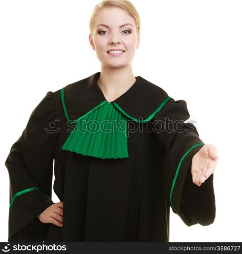 Law court or justice concept. woman lawyer attorney in classic polish black green gown making welcome inviting gesture hand sign isolated