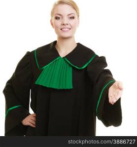 Law court or justice concept. woman lawyer attorney in classic polish black green gown making welcome inviting gesture hand sign isolated