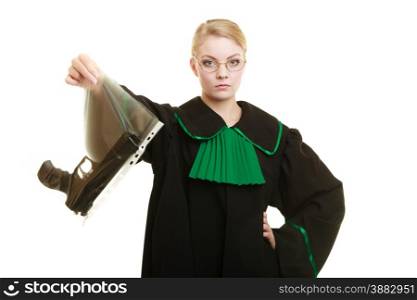 Law court or justice concept. Woman lawyer attorney wearing classic polish black green gown with weapon gun - bag marked evidence for crime. isolated on white