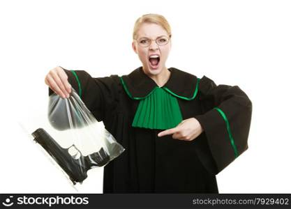 Law court or justice concept. Woman lawyer attorney wearing classic polish black green gown with weapon gun - bag marked evidence for crime. isolated on white
