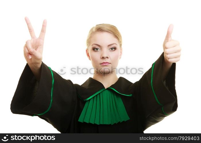 Law court or justice concept. woman lawyer attorney wearing classic polish black green gown making ok sign victory thumb up hand gesture isolated on white