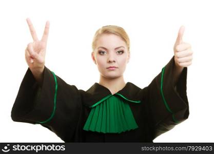 Law court or justice concept. woman lawyer attorney wearing classic polish black green gown making ok sign victory thumb up hand gesture isolated on white