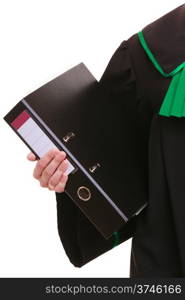 Law court or justice concept. woman lawyer attorney wearing classic polish (Poland) black green gown with file folder or dossier isolated on white background