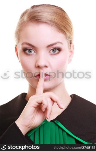 Law court or justice concept. Womn lawyer attorney wearing classic polish (Poland) black green gown asking for silence isolated. Finger on lips as quiet sign symbol gesture hand.