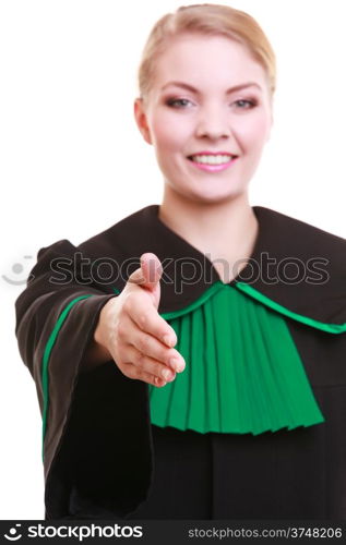 Law court or justice concept. Womn lawyer attorney wearing classic polish (Poland) black green gown welcome invitating hand sign gesture or giving palm for handshake isolated on white