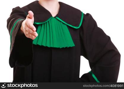 Law court or justice concept. Womn lawyer attorney wearing classic polish (Poland) black green gown welcome invitating hand sign gesture or giving palm for handshake isolated on white
