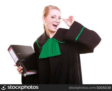 Law court or justice concept. Young woman lawyer attorney wearing classic polish (Poland) black green gown with file folder or dossier isolated on white background