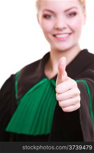 Law court or justice concept. Young woman lawyer attorney wearing classic polish (Poland) black green gown making ok sign thumb up hand gesture isolated on white background