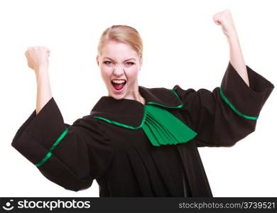 Law court or justice concept. Young woman lawyer attorney wearing classic polish (Poland) black green gown celebrating success victory isolated on white background