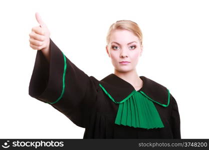 Law court or justice concept. Young woman lawyer attorney wearing classic polish (Poland) black green gown making ok sign thumb up hand gesture isolated on white background