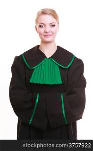 Law court or justice concept. Young woman lawyer attorney wearing classic polish (Poland) black green gown isolated on white background