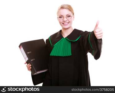 Law court or justice concept. Young woman lawyer attorney wearing classic polish (Poland) black green gown with file folder or dossier thumb up hand gesture isolated on white background
