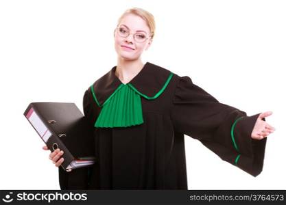 Law court or justice concept. Young woman lawyer attorney wearing classic polish (Poland) black green gown with file folder welcome invitating hand sign gesture isolated