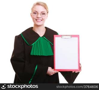 Law court or justice concept. Young woman lawyer attorney wearing classic polish (Poland) black green gown holding empty blank clipboard sign copy space for text.