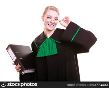Law court or justice concept. Young woman lawyer attorney wearing classic polish (Poland) black green gown with file folder or dossier isolated on white background