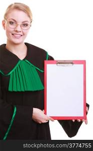 Law court or justice concept. Young woman lawyer attorney wearing classic polish (Poland) black green gown holding empty blank clipboard sign copy space for text. Isolated on white background