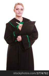 Law court or justice concept. Young woman lawyer attorney wearing classic polish (Poland) black green gown holding writing takes notes on clipboard. Isolated on white background