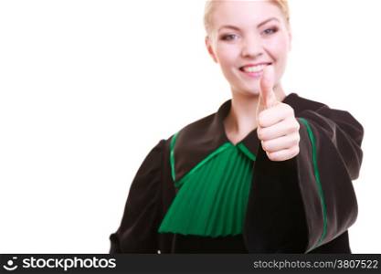Law court or justice concept. Young woman lawyer attorney wearing classic polish (Poland) black green gown making ok sign thumb up hand gesture isolated on white background