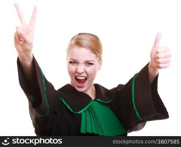 Law court or justice concept. Young woman lawyer attorney wearing classic polish (Poland) black green gown making ok sign victory thumb up hand gesture celebrating success isolated on white background