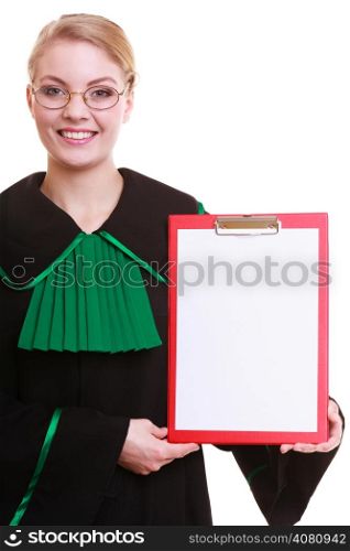 Law court or justice concept. Young woman lawyer attorney wearing classic polish (Poland) black green gown holding empty blank clipboard sign copy space for text. Isolated on white background