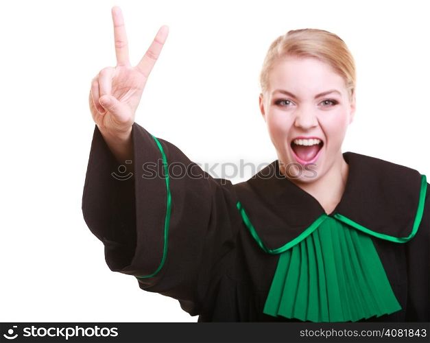 Law court or justice concept. Young woman lawyer attorney wearing classic polish (Poland) black green gown making ok sign victory hand gesture isolated on white background