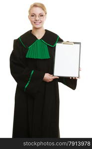 Law court or justice concept. Young woman lawyer attorney wearing classic polish black green gown holding empty blank clipboard sign copy space for text. Isolated on white