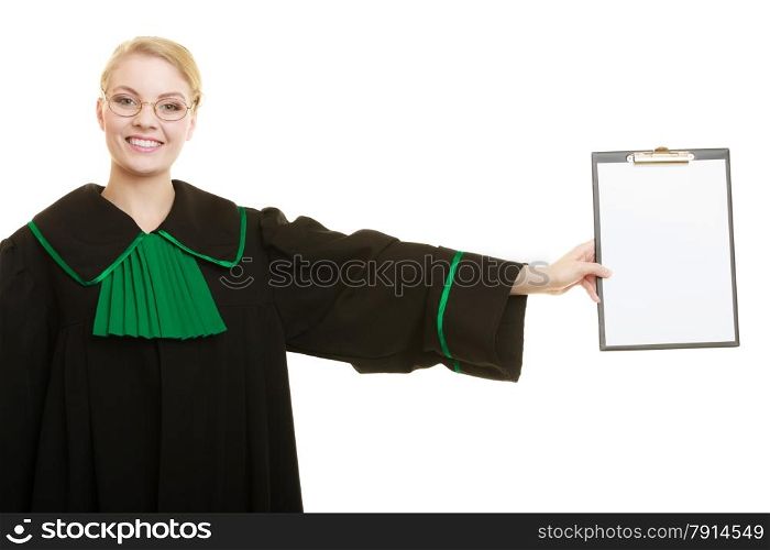 Law court or justice concept. Young woman lawyer attorney wearing classic polish black green gown holding empty blank clipboard sign copy space for text. Isolated on white