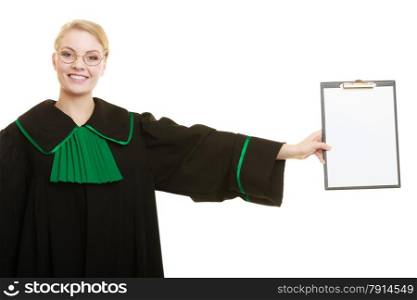 Law court or justice concept. Young woman lawyer attorney wearing classic polish black green gown holding empty blank clipboard sign copy space for text. Isolated on white