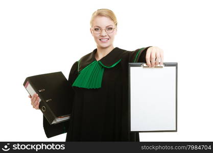 Law court or justice concept. Young woman lawyer attorney wearing classic polish black green gown holding empty blank clipboard sign copy space for text. Isolated on white