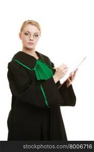Law court or justice concept. Young woman lawyer attorney wearing classic polish black green gown holding clipboard writing taking notes. Isolated on white background