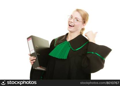 Law court or justice concept. Young woman lawyer attorney wearing classic polish black green gown with file folder or dossier isolated on white background