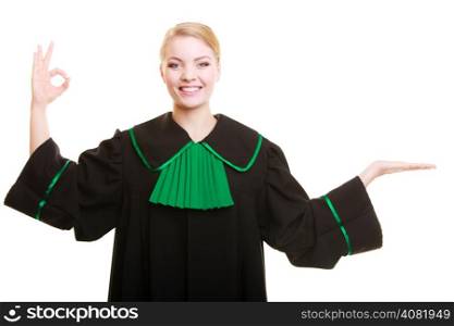 Law court or justice. Woman lawyer attorney wearing classic polish (Poland) black green gown showing ok okay success hand sign gesture and blank copy space on empty palm isolated.