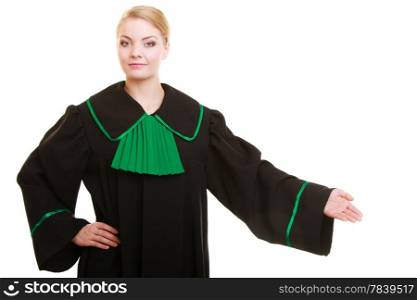 Law court or justice. Woman lawyer attorney wearing classic polish (Poland) black green gown inviting making welcome hand sign gesture isolated on white