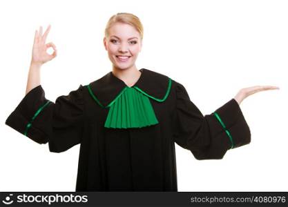 Law court or justice. Woman lawyer attorney wearing polish (Poland) gown showing ok okay success hand sign gesture and blank copy space isolated on white.