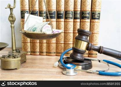 law gavel and balance weighter with money, treatment costs and medical law concept. medical law concept