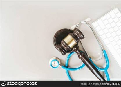 law gavel, stethoscope and face anti virus masks, medical law concept, copy space. medical law concept