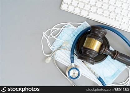 law gavel, stethoscope and keyboard, medical law concept, copy space. medical law concept