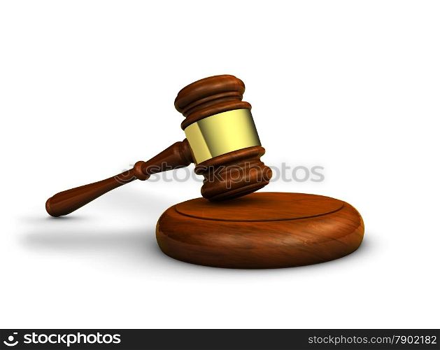 Law, justice and judge concept with a 3d rendering of a gavel on white background.