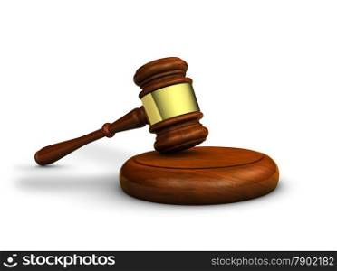 Law, justice and judge concept with a 3d rendering of a gavel on white background.