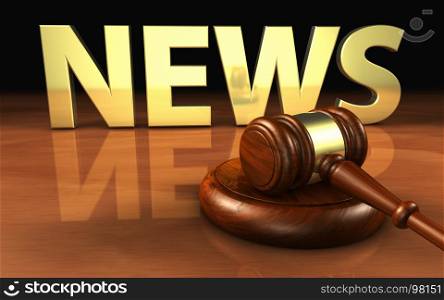 Law, justice and legal news concept with a wooden gavel and the news sign and letters on background 3D illustration.
