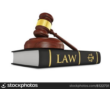 Law justice concept - wooden judge gavel on law book isolated on white background. Wooden judge gavel on law book