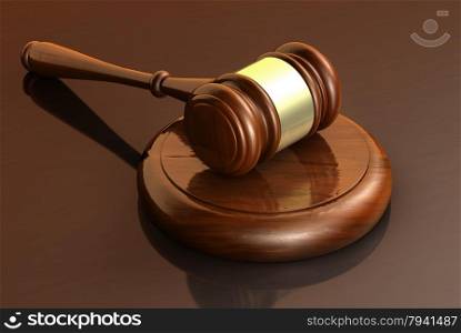 Law, lawyer and justice business concept with a 3d render of a gavel on a wooden brown desktop for banner and law firm background.